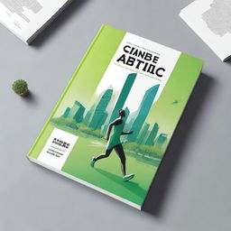 A book cover design featuring a futuristic city centered around athletes