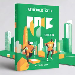 A book cover design featuring a futuristic city centered around athletes, without any skyscrapers