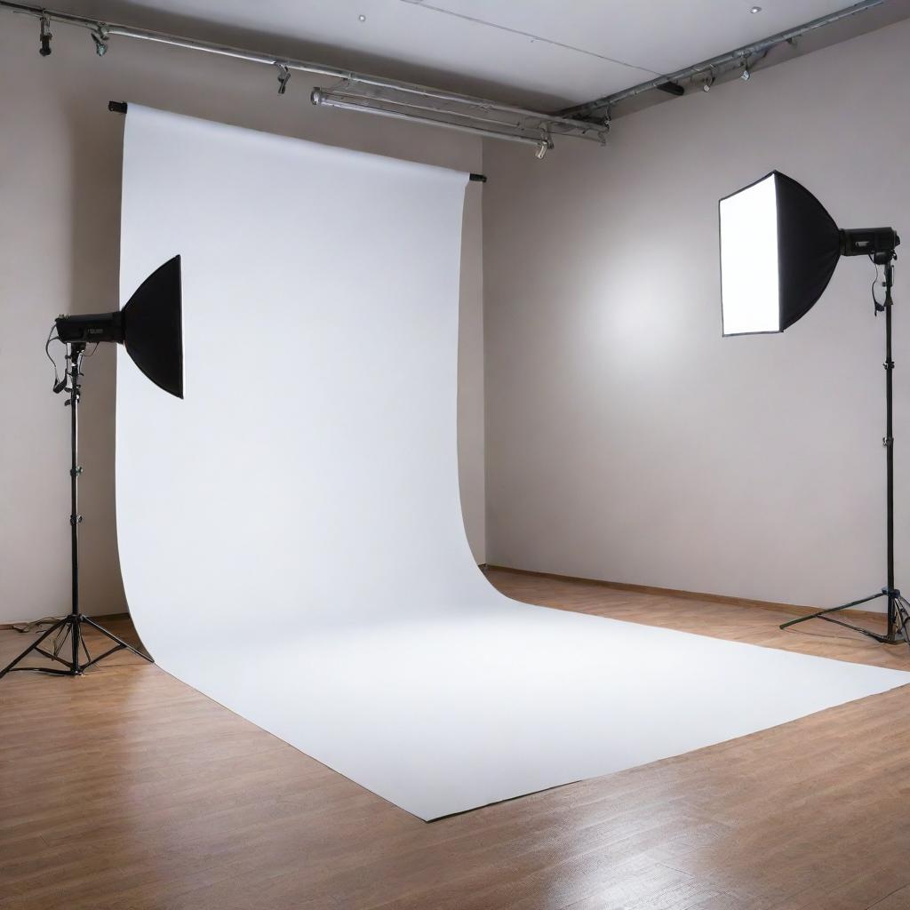 A state-of-the-art photography studio background featuring an elaborate studio lighting setup on a smooth backdrop