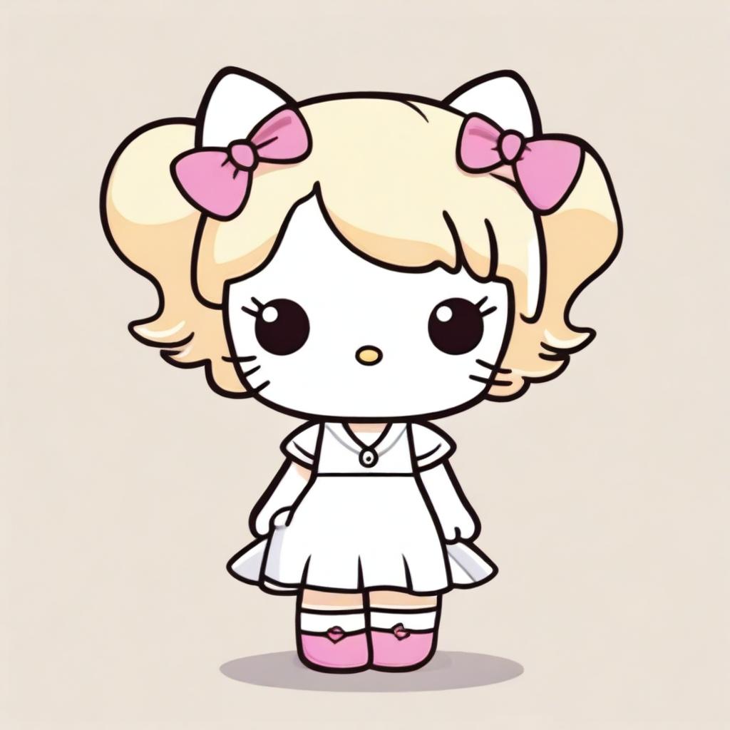 A cute Hello Kitty character with blonde hair and brown streaks, wearing a white dress