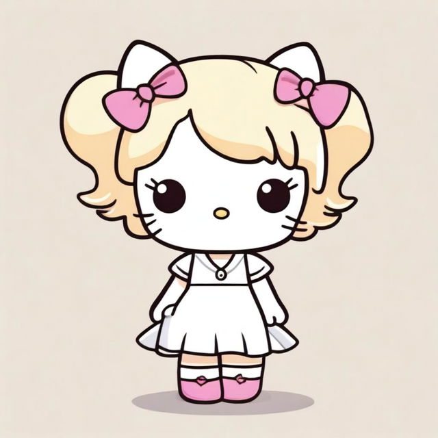 A cute Hello Kitty character with blonde hair and brown streaks, wearing a white dress