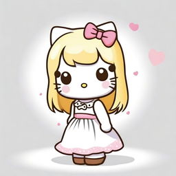 A cute Hello Kitty character with blonde hair and brown streaks, wearing a white dress