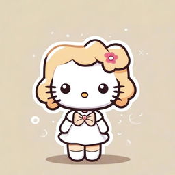 A cute Hello Kitty character with blonde hair and brown streaks, wearing a white dress