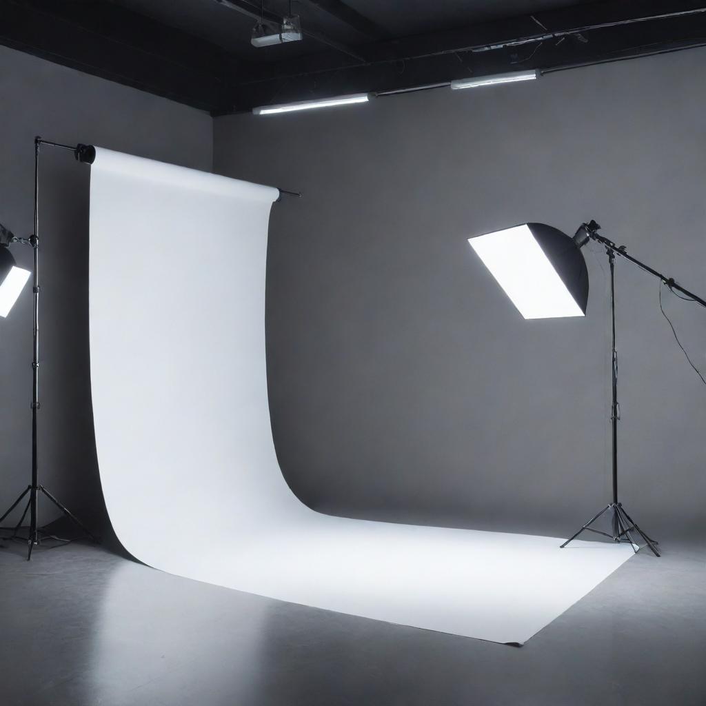 A state-of-the-art photography studio background featuring an elaborate studio lighting setup on a smooth backdrop