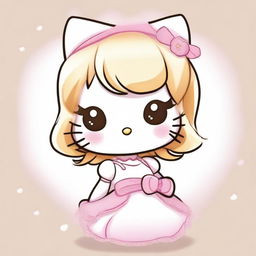 A cute Hello Kitty character with blonde hair and brown streaks, wearing a white dress