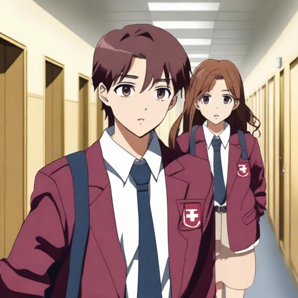 A scene set in a school corridor with a high school boy wearing a maroon-colored student council blazer