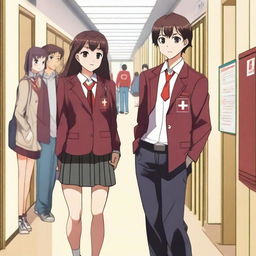 A scene set in a school corridor with a high school boy wearing a maroon-colored student council blazer