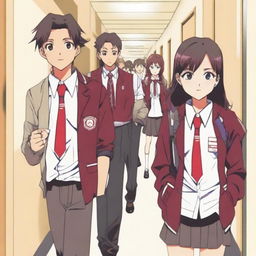 A scene set in a school corridor with a high school boy wearing a maroon-colored student council blazer