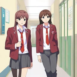 A scene set in a school corridor with a high school boy wearing a maroon-colored student council blazer