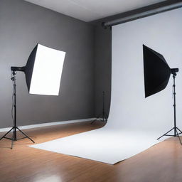 A state-of-the-art photography studio background featuring an elaborate studio lighting setup on a smooth backdrop