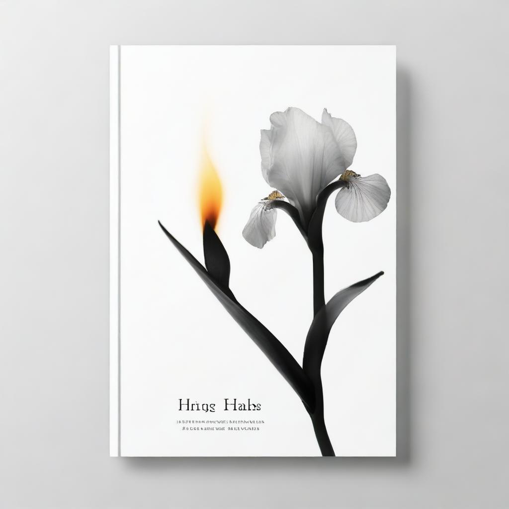 Create a black and white book cover featuring a picture of a burning glass and an iris