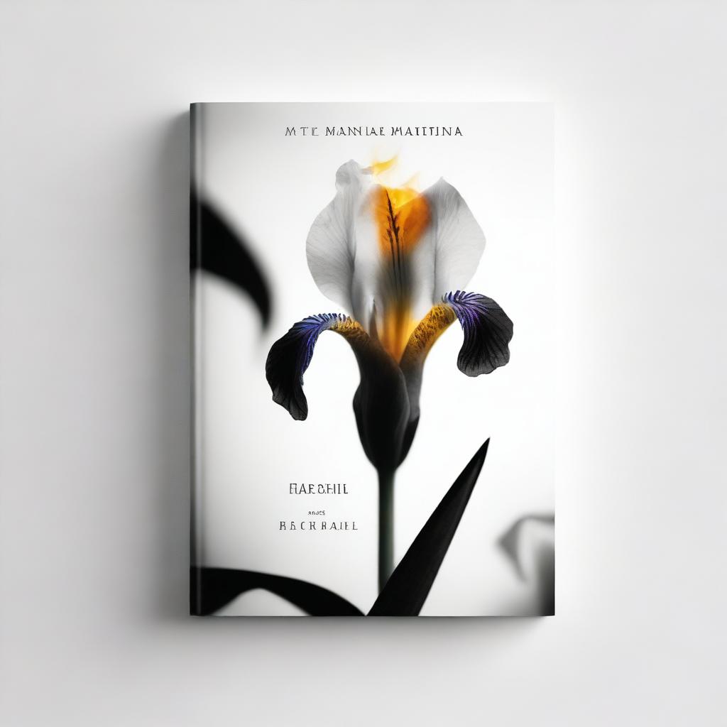 Create a black and white book cover featuring a picture of a burning glass and an iris