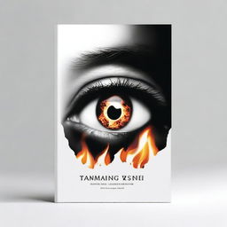 Create a black and white book cover featuring a picture of a burning glass and an eye