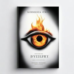 Create a black and white book cover featuring a picture of a burning glass and an eye