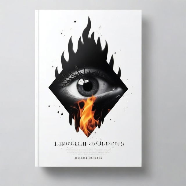 Create a black and white book cover featuring a picture of a burning glass and an eye