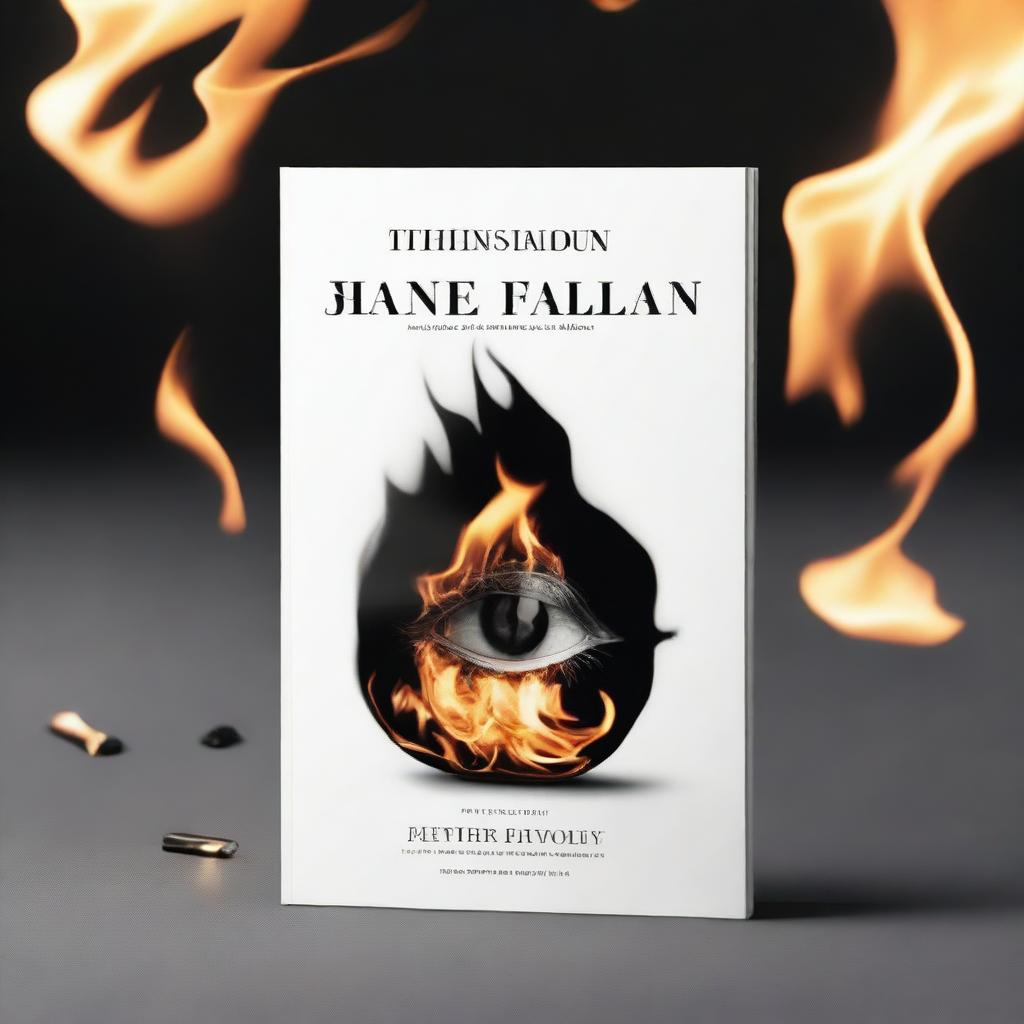 Create a black and white book cover featuring a picture of a burning glass and an eye