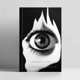 Create a black and white book cover featuring a picture of a burning glass and an eye