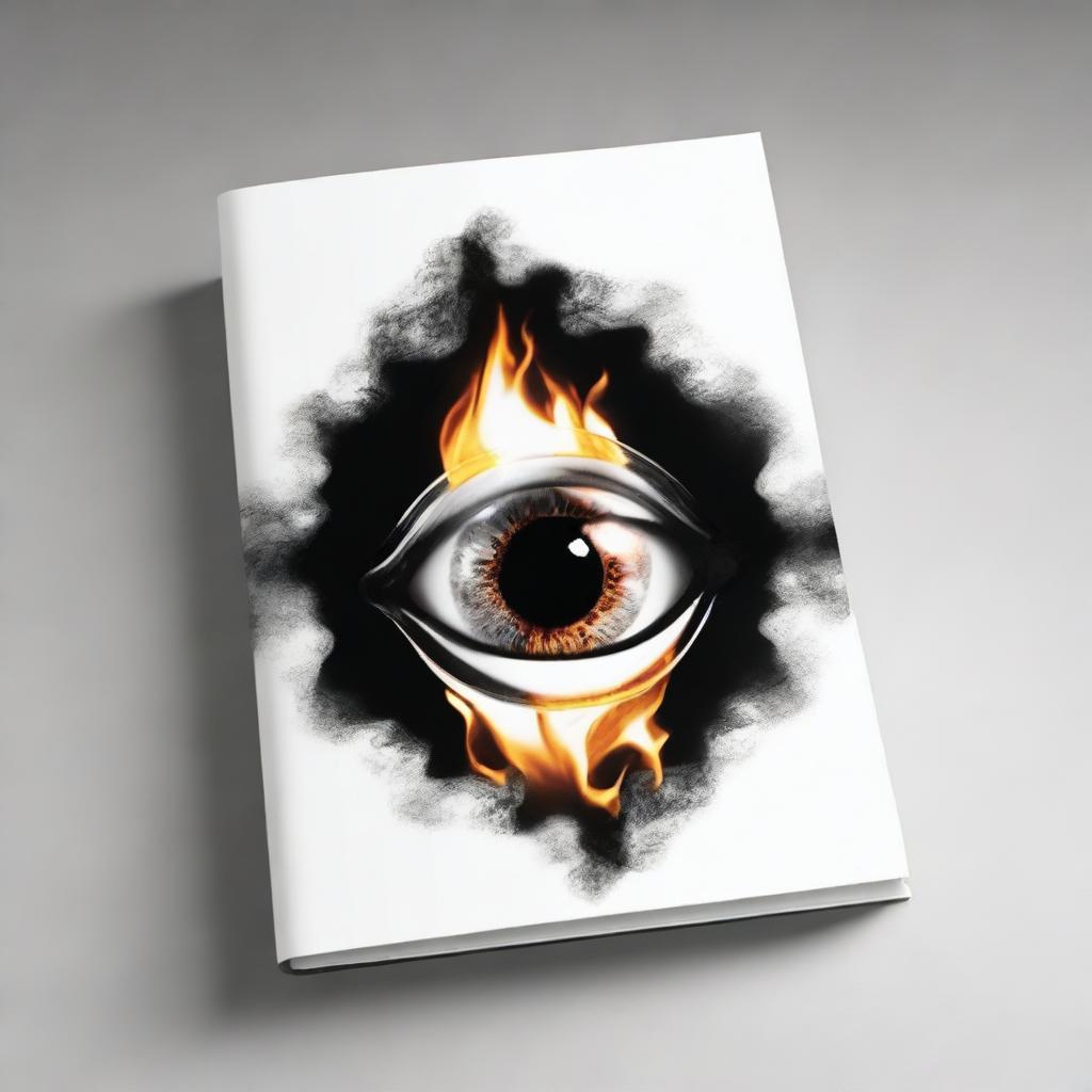 Create a black and white book cover featuring a picture of a burning glass and an eye