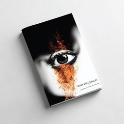 Create a black and white book cover featuring a picture of a burning glass and an eye