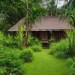 A traditional Assam-type house situated in the lush green landscape, complete with a slanted roof, bamboo walls, and surrounded by tropical plants.