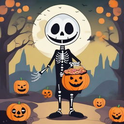 A scene featuring Plumph, a whimsical character, dressed as a skeleton