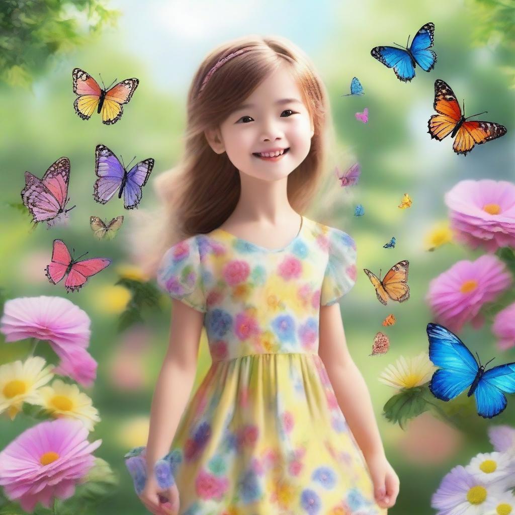 A detailed and heartwarming image of a young girl with a joyful expression, wearing a colorful dress, standing in a beautiful garden filled with flowers and butterflies