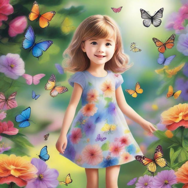 A detailed and heartwarming image of a young girl with a joyful expression, wearing a colorful dress, standing in a beautiful garden filled with flowers and butterflies