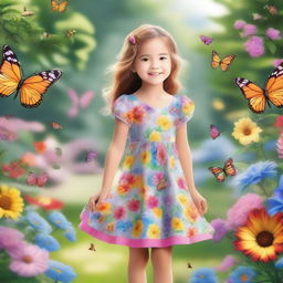 A detailed and heartwarming image of a young girl with a joyful expression, wearing a colorful dress, standing in a beautiful garden filled with flowers and butterflies