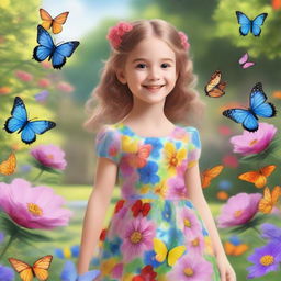 A detailed and heartwarming image of a young girl with a joyful expression, wearing a colorful dress, standing in a beautiful garden filled with flowers and butterflies