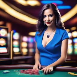 A woman dressed in blue clothing playing at a casino