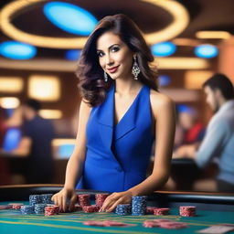 A woman dressed in blue clothing playing at a casino