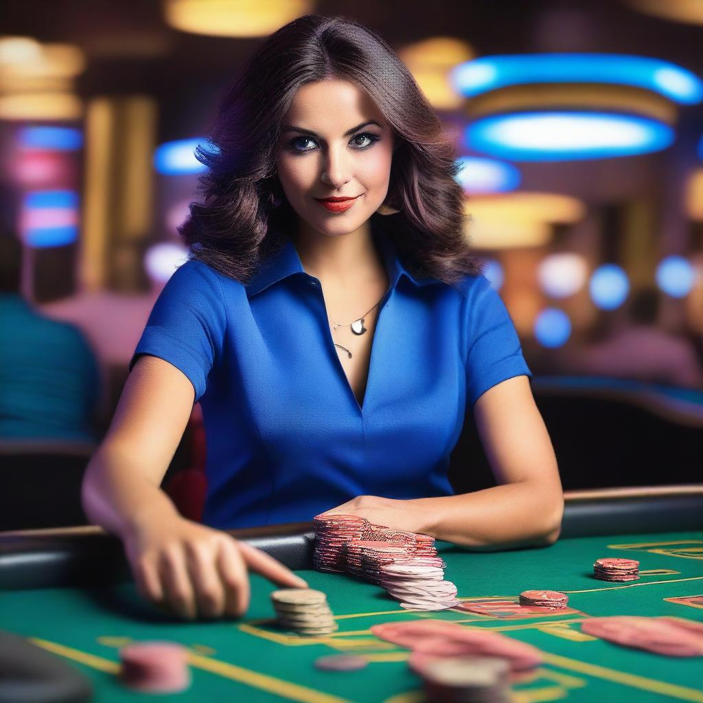 A woman dressed in blue clothing playing at a casino