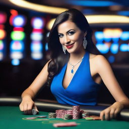 A woman dressed in blue clothing playing at a casino