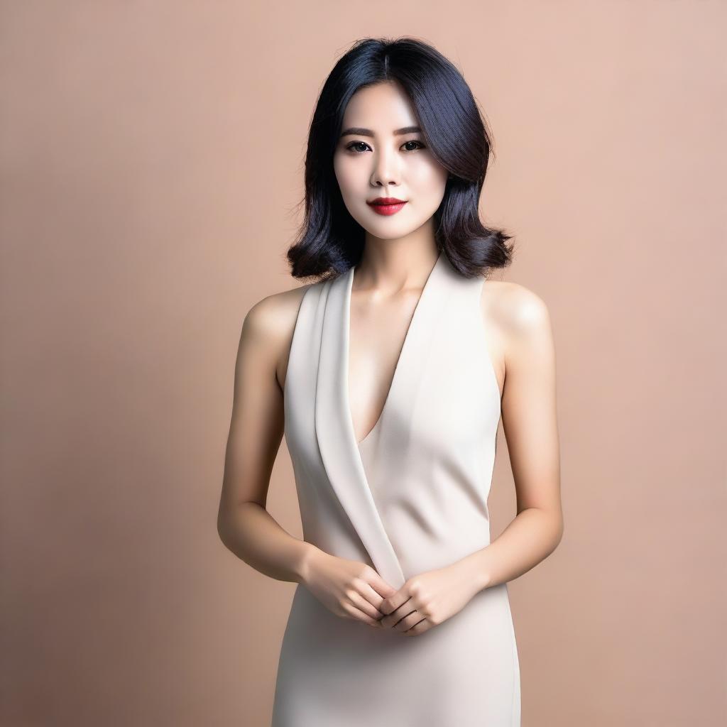 A beautiful Asian woman posing elegantly, wearing a stylish outfit