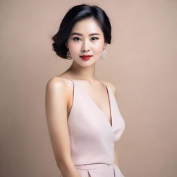 A beautiful Asian woman posing elegantly, wearing a stylish outfit