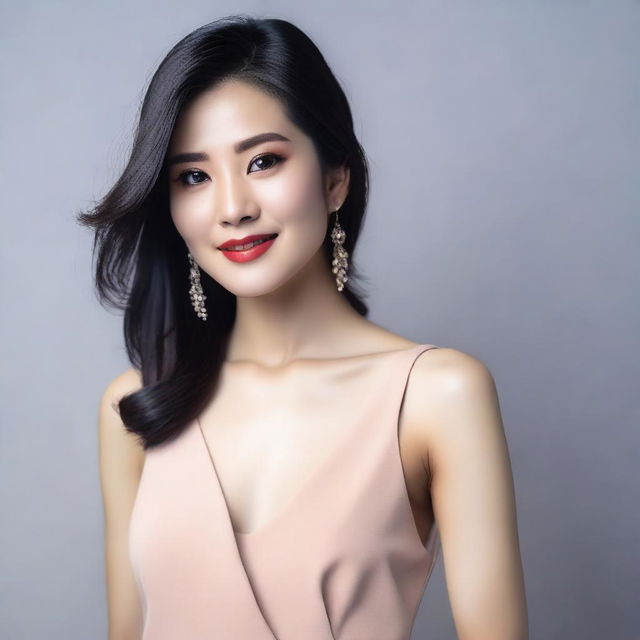 A beautiful Asian woman posing elegantly, wearing a stylish outfit