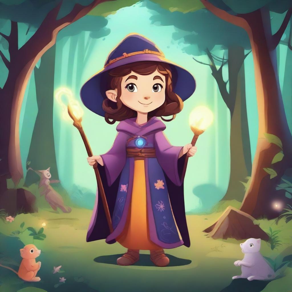 A young female halfling wizard, dressed in colorful robes and holding a magical staff