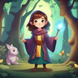 A young female halfling wizard, dressed in colorful robes and holding a magical staff