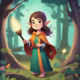 A young female halfling wizard, dressed in colorful robes and holding a magical staff