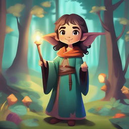 A young female halfling wizard, dressed in colorful robes and holding a magical staff