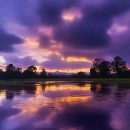 A twilight scene featuring a beautiful sunset with rain gently falling