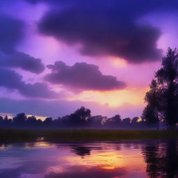 A twilight scene featuring a beautiful sunset with rain gently falling