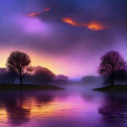 A twilight scene featuring a beautiful sunset with rain gently falling