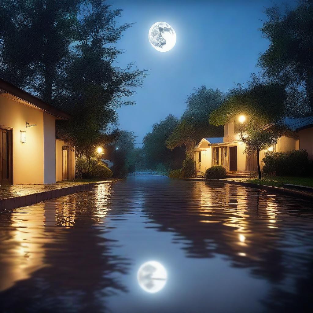 A serene evening scene featuring a rainy night with the moon shining brightly in the sky