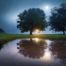 A serene evening scene featuring a rainy night with the moon shining brightly in the sky