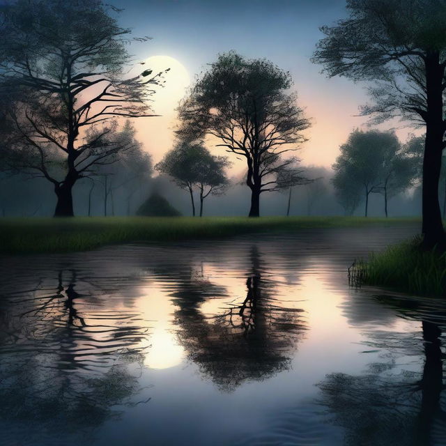 A serene evening scene featuring a rainy night with the moon shining brightly in the sky