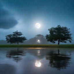 A serene evening scene featuring a rainy night with the moon shining brightly in the sky