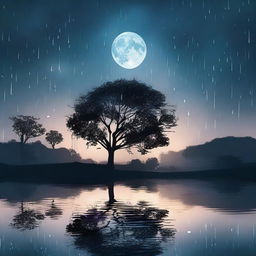 A serene night scene with rain gently falling and the moon shining brightly in the sky