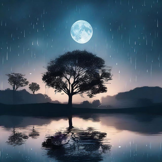 A serene night scene with rain gently falling and the moon shining brightly in the sky