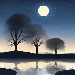 A serene night scene with rain gently falling and the moon shining brightly in the sky